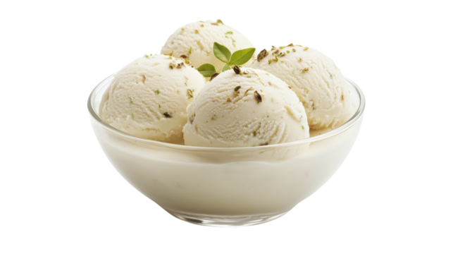 Delicious Bowl of Creamy Vanilla Ice Cream with Mint Garnish isolated on transparent background	
