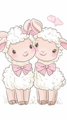 Fototapeta premium Two cute cartoon lambs with bows, showcasing friendship and charm.