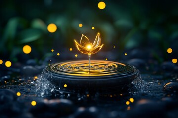 Magical water fountain with glowing water droplets and ethereal light, in a fantasy forest