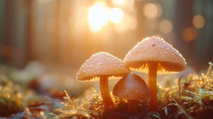 Outdoors Wilderness Moist, Dew-Covered Wild Mushrooms in Warm Sunlight on Moist Forest Floor