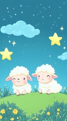 Obraz premium Two cute cartoon sheep sitting on a grassy hill under a starry sky with clouds.