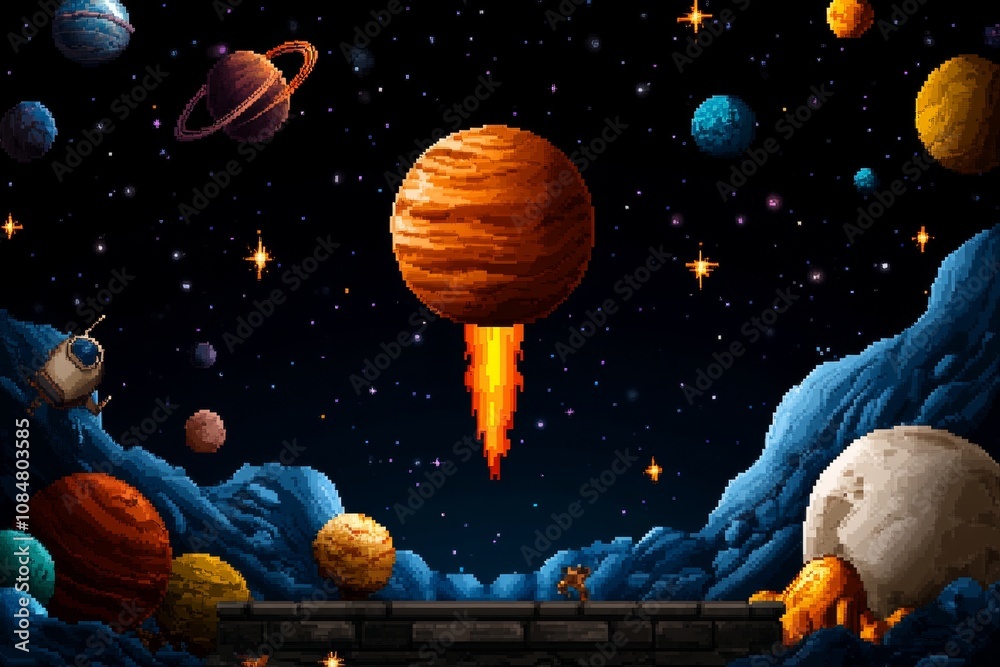 Poster pixel art of a universe with planets, stars, and a tiny spaceship, retro 8-bit style with vibrant co