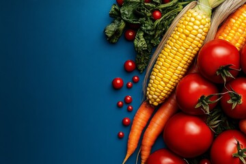 Retro produce market poster with vegetables like tomatoes, corn, and carrots in nostalgic colors