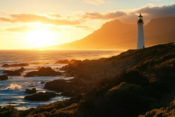 Fototapeta premium A lighthouse stands by the ocean during a vibrant sunset, illuminating the rocky coastline.