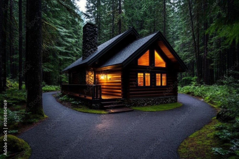 Poster Rustic wooden cabin in a dense forest, surrounded by trees with moss and natural light filtering through