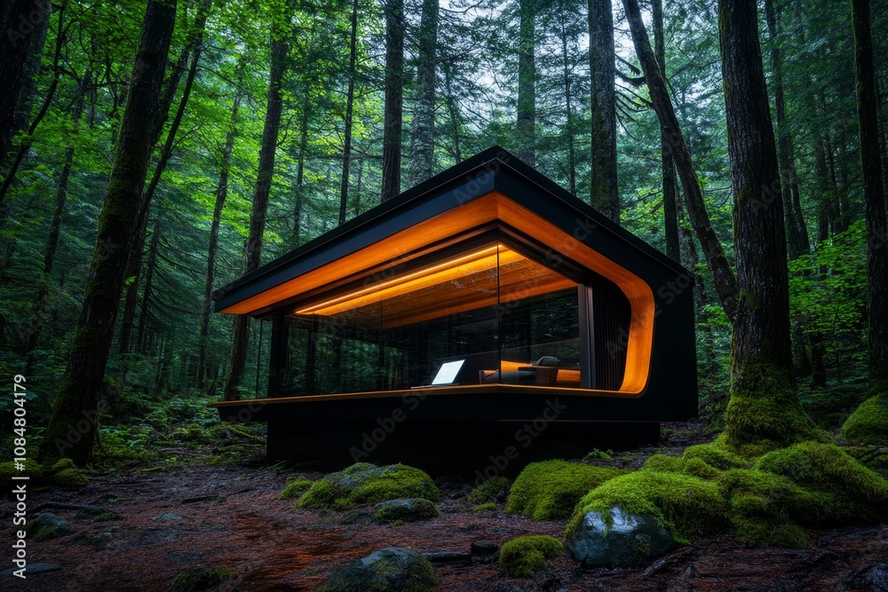 Poster rustic wooden cabin in a dense forest, surrounded by trees with moss and natural light filtering thr