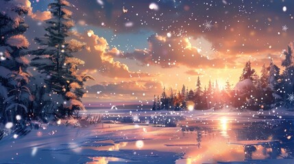 As the sun set the glittering snowflakes reflected the pastel hues of the sky painting a pictureperfect scene.
