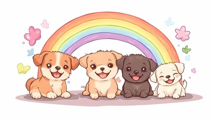 Naklejka premium A cheerful illustration of four puppies sitting under a rainbow, radiating joy and cuteness.