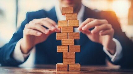 Building focus and strategy business professional stacking wooden blocks office setting action shot concentrated environment