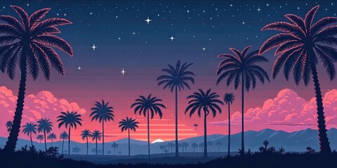 Obraz premium Celestial Oasis A scene filled with pixel palm trees aglow in shades of pink and blue set against a mesmerizing backdrop of a sunset transitioning from fiery red to deep indigo