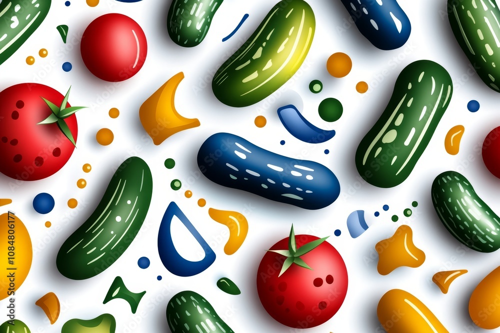 Poster abstract design of vegetable shapes like tomatoes and cucumbers in soft pastel colors