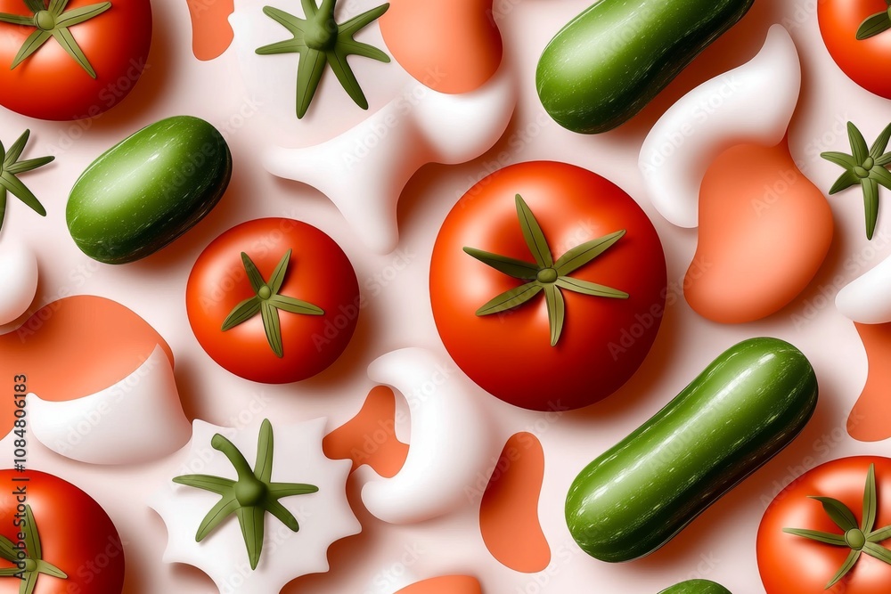 Poster abstract design of vegetable shapes like tomatoes and cucumbers in soft pastel colors