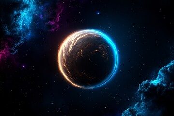 Obraz premium Advanced sci-fi universe wallpaper with holographic planets and bright stars, high-tech and cosmic