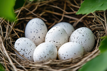 Obraz premium A nest containing speckled eggs surrounded by greenery.