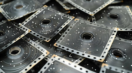 Fototapeta premium A Close-Up View of a Pile of Dusty, Black and White Photographic Slides, Each Featuring a Circular Hole in the Center
