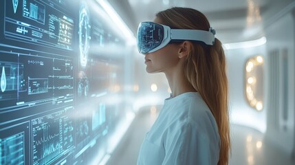 Woman wearing futuristic goggles views digital data display
