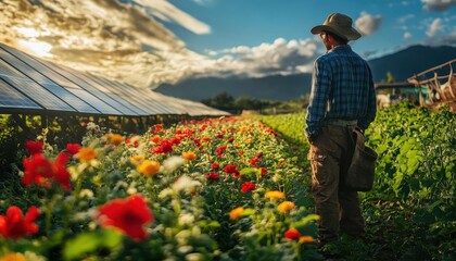 Fototapeta premium A farm worker installing solar panels for energyefficient irrigation, Renewable Energy, Ecofriendly and sustainable