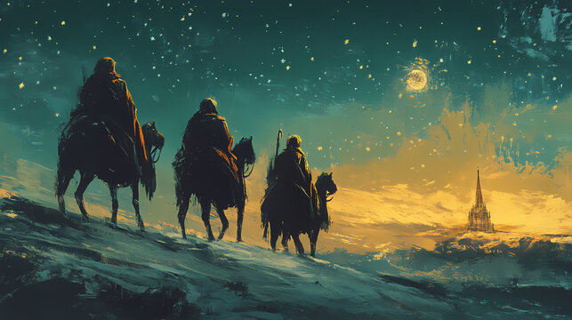 Epiphany bethlehem three wise men on their way to bethlehem mary and joseph and baby jesus wallpaper generative ai digital art illustration. Epiphany. Illustration