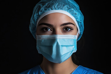 A healthcare professional wearing a surgical mask and cap, emphasizing safety and care.