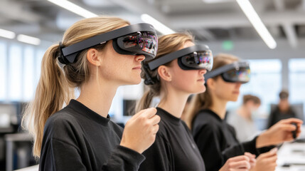Innovative technology is showcased as three women wear advanced virtual reality headsets in modern workspace. Their focused expressions reflect excitement and curiosity
