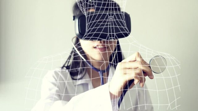 A woman wearing a white lab coat is wearing a virtual reality headset. She is looking at the camera