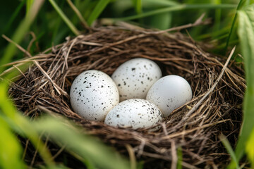 Obraz premium A nest containing four speckled eggs surrounded by green grass.