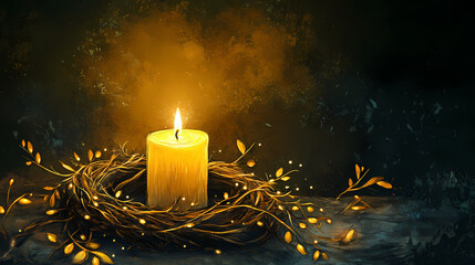 First advent sunday - christmas candle with magic lights - natural advent decoration - wreath made of twigs - rustic simple background. Epiphany. Illustration