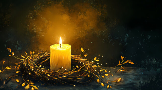 First advent sunday - christmas candle with magic lights - natural advent decoration - wreath made of twigs - rustic simple background. Epiphany. Illustration