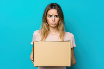 Naklejka premium A woman with a concerned expression holds a cardboard box against a blue background.