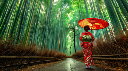 Fototapeta premium A Woman in Traditional Japanese Clothing Walks Through a Dense Bamboo Forest, Holding a Red Umbrella in a Serene and Tranquil Setting