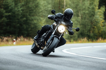 A motorcyclist leans into a curve on a winding road surrounded by trees.