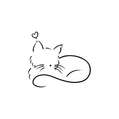 Cute black line drawing of a sleeping cat with a heart