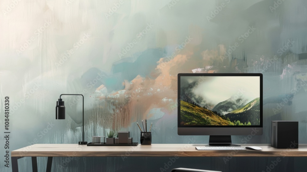 Poster a desktop computer with a landscape painting emerging from the screen, against a minimalist office b