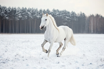 Naklejka premium A white horse galloping through a snowy landscape with pine trees in the background.