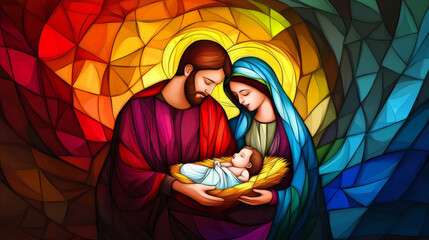 A vibrant, modern stained-glass illustration of the nativity scene, with Mary and baby Jesus in beautiful radiant colors with copy space, ideal for artistic religious Christmas card holiday background