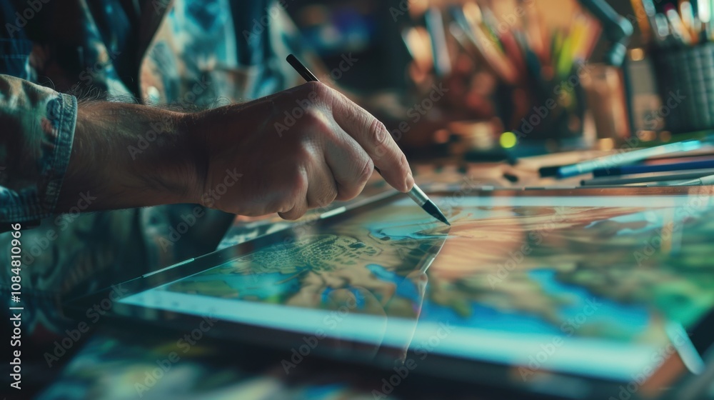 Poster a digital artist creating concept art on a high-resolution tablet with stylus, artistic creation sce