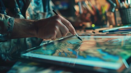 Fototapeta premium A digital artist creating concept art on a high-resolution tablet with stylus, Artistic creation scene, Contemporary style