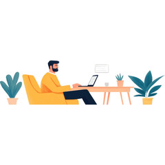 A person works on a laptop in a cozy, modern environment with indoor plants and a bright, relaxed atmosphere.