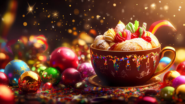 Chocolate cup filled with rosca de reyes and colorful decorations, epiphany, three kings day, mexican pastry, celebration. Epiphany. Illustration