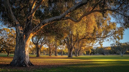Fototapeta premium Sunlit Park Scene with Majestic Eucalyptus Trees and Vibrant Fall Foliage, Capturing the Beauty of Nature in a Tranquil Garden Setting Under Soft Evening Light