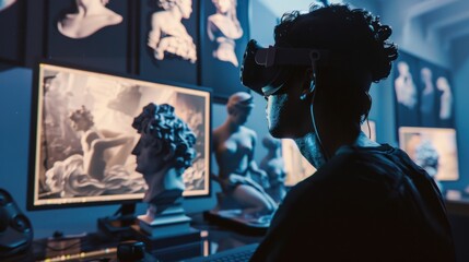 A digital artist creating virtual reality sculptures in a virtual studio, Virtual reality art scene, Surreal style