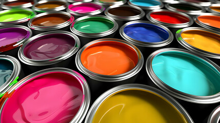 Fototapeta premium A Close-Up View of Multiple Open Paint Cans, Displaying a Vibrant Array of Colors, Including Red, Blue, Green, Orange, Pink, and Yellow, Highlighting the Creativity and Potential of Painting
