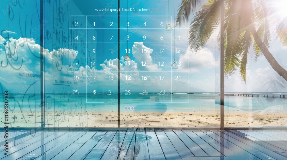 Poster a digital calendar with a beach scene behind each date, set against a backdrop of a modern office, s