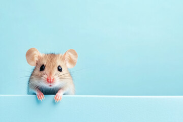 Fototapeta premium A cute mouse peeking over a light blue surface, creating an adorable and playful scene.