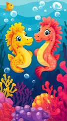 Fototapeta premium Two colorful seahorses surrounded by vibrant coral and bubbles in an underwater scene.