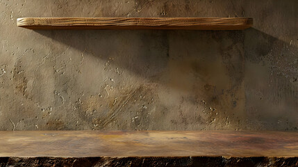 Rustic Wooden Shelf Against a Textured Wall with a Sunlit Wooden Countertop Display, Showing a Rustic and Vintage Aesthetic.