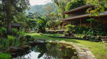 Fototapeta premium A digital detox retreat with mindfulness workshops and natural surroundings, Retreat scene, Wellness escape style