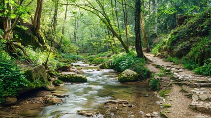 Obraz premium A digital detox retreat with nature trails and wellness activities, Retreat scene, Digital detox style