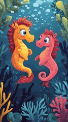 Obraz premium Two colorful seahorses swim together in a vibrant underwater scene surrounded by coral.