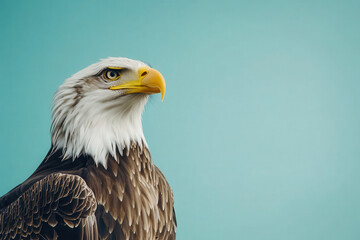 Obraz premium A majestic eagle with a sharp gaze against a soft blue background.